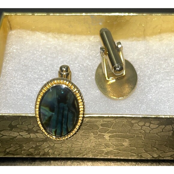 Vtg Gents Cufflinks Abalone Shell & Yellow Gold Plated Links MCM Retro Wedding - Picture 2 of 5